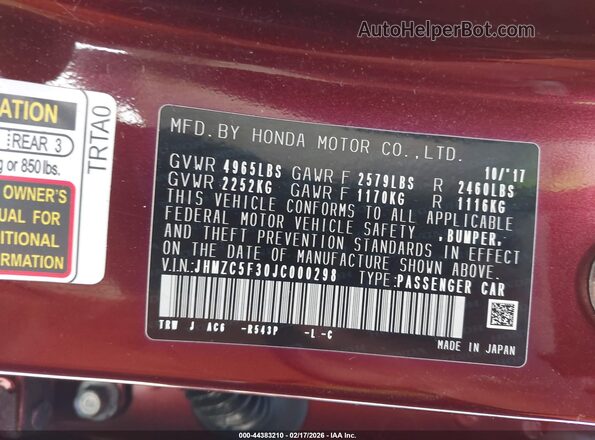 JHMZC5F30JC000298 2018 HONDA CLARITY PLUG-IN HYBRID Red Widok komory silnika