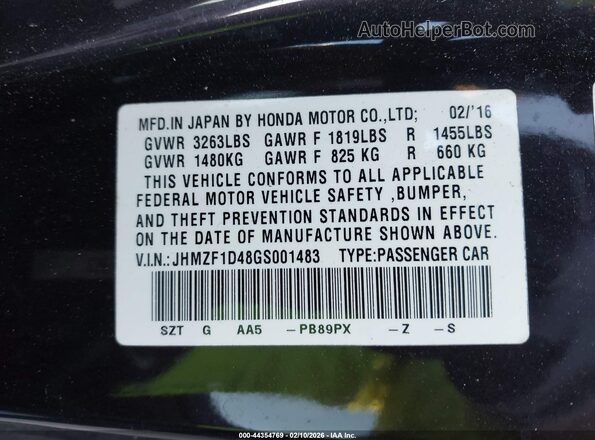 JHMZF1D48GS001483 2016 HONDA CR-Z Фиолетовый Вид подкапотного пространства