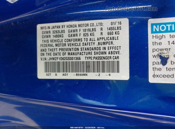 JHMZF1D62GS001366 2016 HONDA CR-Z Синий Вид подкапотного пространства