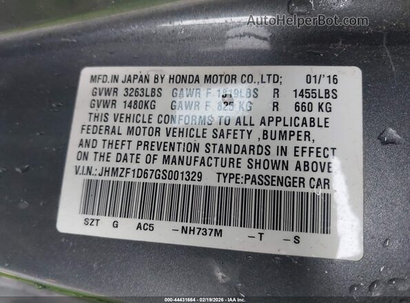 JHMZF1D67GS001329 2016 HONDA CR-Z Серый Вид подкапотного пространства