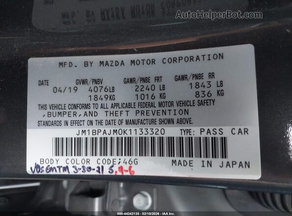 JM1BPAJM0K1133320 2019 MAZDA 3 Серый Вид подкапотного пространства