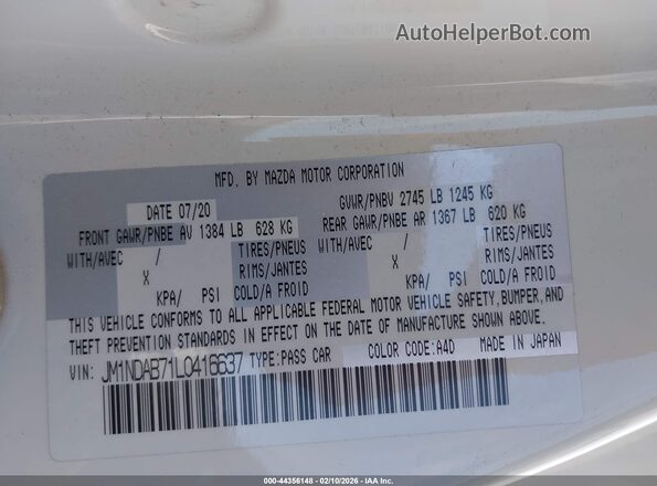 JM1NDAB71L0416637 2020 MAZDA MX-5 MIATA Белый Вид подкапотного пространства