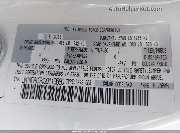 JM1NDAC74G0113680 2016 MAZDA MX-5 MIATA Белый Вид подкапотного пространства