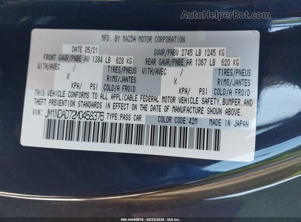 JM1NDAD72M0458376 2021 MAZDA MX-5 MIATA Dark Blue Вид подкапотного пространства