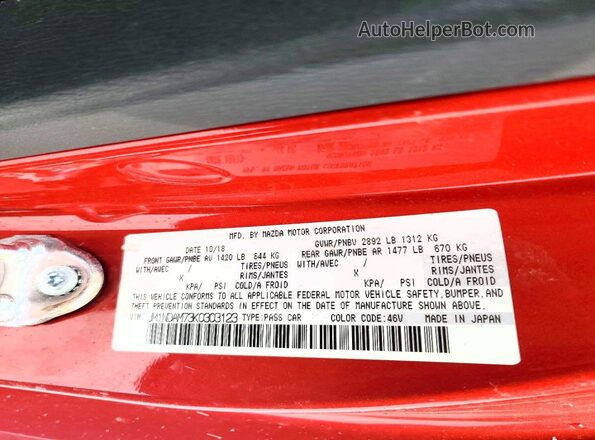 JM1NDAM73K0303123 2019 MAZDA MX-5 Красный Вид наклейки с VIN-кодом
