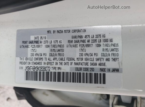 JM3KFABM3K0638072 2019 MAZDA CX-5 White VIN კოდის სტიკერის ხედი