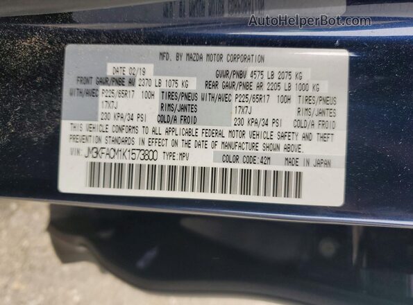 JM3KFACM1K1573800 2019 MAZDA CX-5 Blue Widok naklejki z numerem VIN
