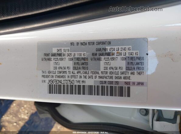 JM3KFBCM4L0727543 2020 MAZDA CX-5 White Widok komory silnika