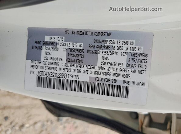 JM3TCABY3G0122883 2016 MAZDA CX-9 Белый Панорамный вид салона 360°