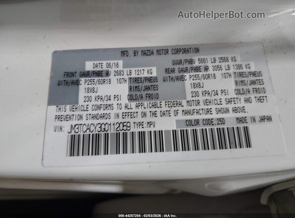 JM3TCACY3G0112059 2016 MAZDA CX-9 White ძრავის განყოფილების ხედი