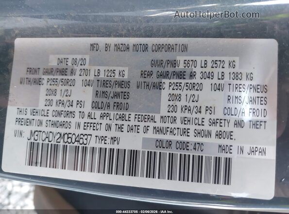 JM3TCADY2M0504637 2021 MAZDA CX-9 Blue Շարժիչի բաժամունքի տեսք