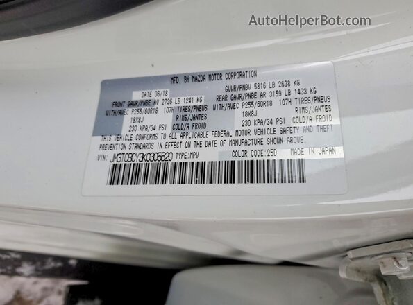 JM3TCBCY3K0305620 2019 MAZDA CX-9 White Vista de la etiqueta del VIN