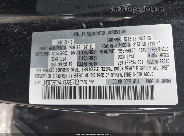 JM3TCBDY4J0229712 2018 MAZDA CX-9 Black Engine compartment view