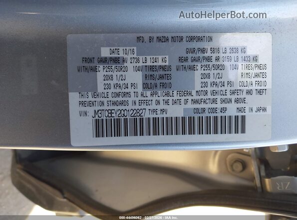 JM3TCBEY2G0122827 2016 MAZDA CX-9 Серебряный Вид подкапотного пространства
