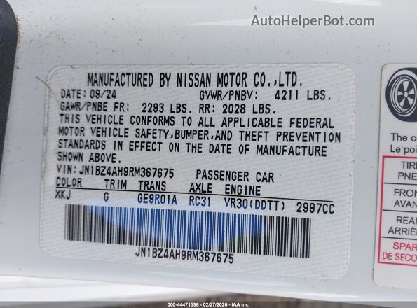JN1BZ4AH9RM367675 2024 NISSAN Z White Widok komory silnika