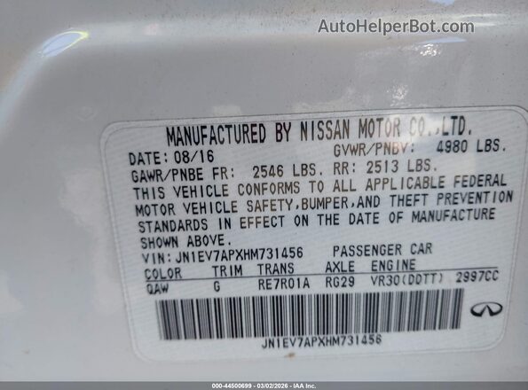 JN1EV7APXHM731456 2017 INFINITI Q50 White Engine compartment view