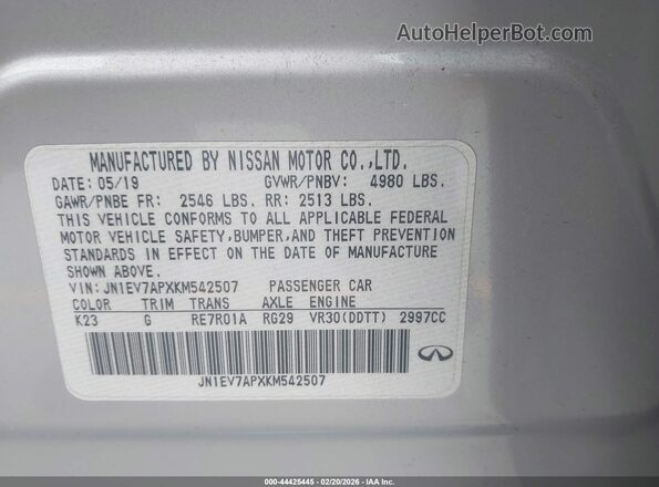 JN1EV7APXKM542507 2019 INFINITI Q50 Серебряный Вид подкапотного пространства