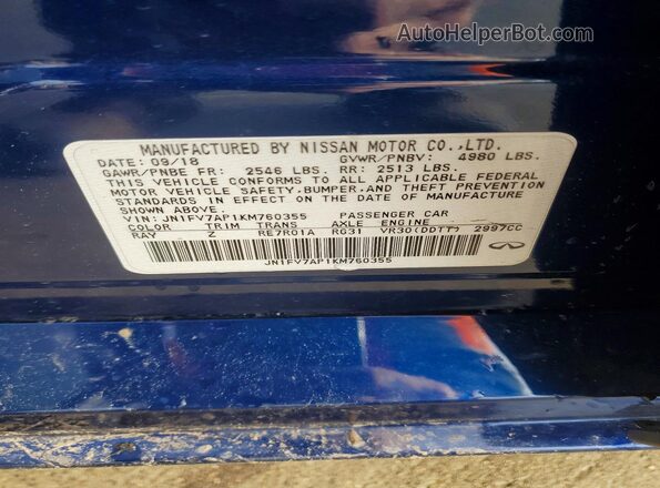 JN1FV7AP1KM760355 2019 INFINITI Q50 Blue Vista de la etiqueta del VIN