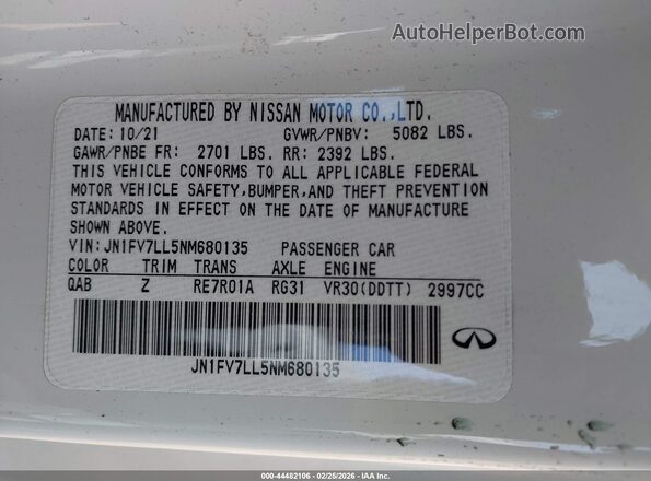 JN1FV7LL5NM680135 2022 INFINITI Q60 White Widok komory silnika