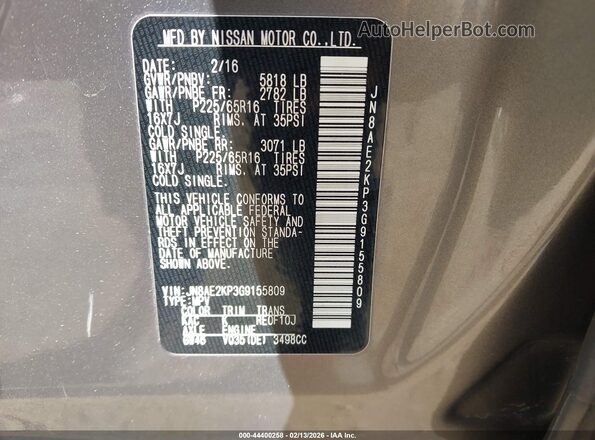 JN8AE2KP3G9155809 2016 NISSAN QUEST Gray Вид підкапотного простору
