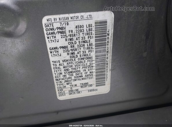 JN8AT2MT6LW007231 2020 NISSAN ROGUE Gray Widok komory silnika