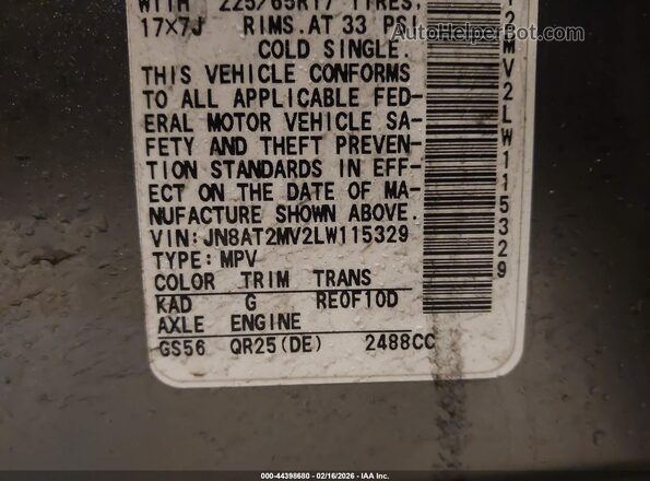 JN8AT2MV2LW115329 2020 NISSAN ROGUE Gray Vista del compartimento del motor