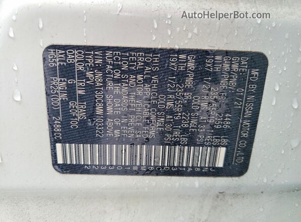 JN8AT3DC8MW103322 2021 NISSAN ROGUE White Vista interior de 360 grados