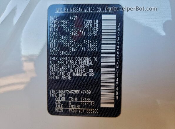 JN8AY2AC2M9147489 2021 NISSAN ARMADA White VIN sticker view