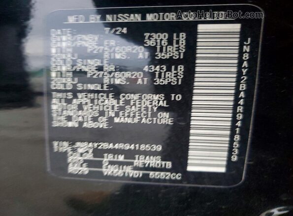 JN8AY2BA4R9418539 2024 NISSAN ARMADA Черный Вид наклейки с VIN-кодом