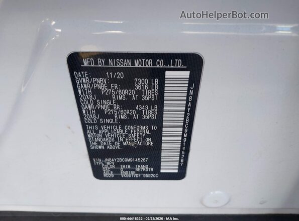 JN8AY2BC9M9145267 2021 NISSAN ARMADA Белый Вид подкапотного пространства