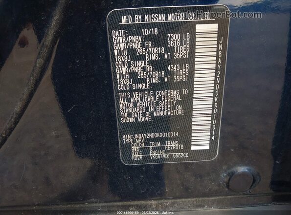 JN8AY2ND0KX010014 2019 NISSAN ARMADA Dark Blue Вид подкапотного пространства