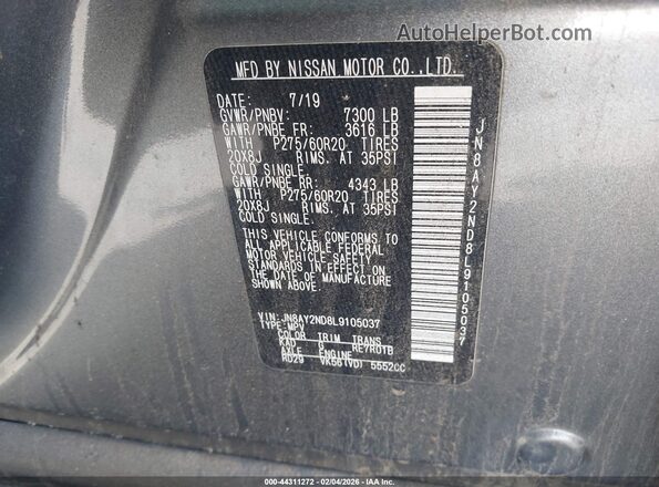 JN8AY2ND8L9105037 2020 NISSAN ARMADA Серый Вид подкапотного пространства