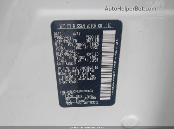 JN8AY2NE2H9706623 2017 NISSAN ARMADA White Vista del compartimento del motor
