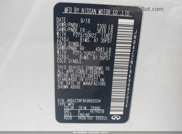 JN8AZ2NF8K9682034 2019 INFINITI QX80 White Вид підкапотного простору