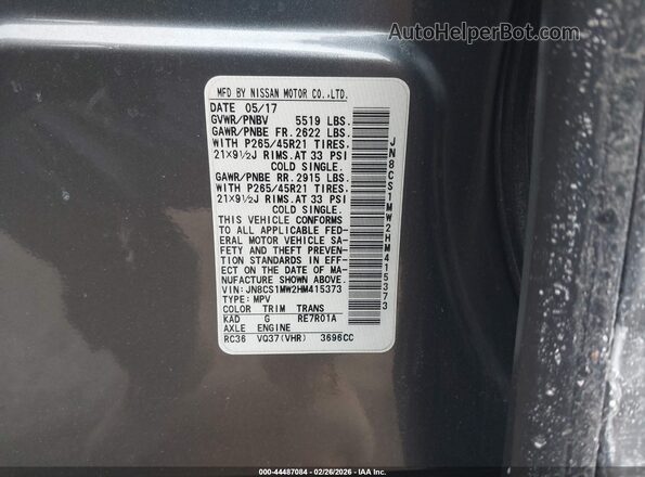 JN8CS1MW2HM415373 2017 INFINITI QX70 Серый Вид подкапотного пространства