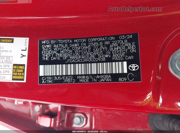 JTDACACUXR3022938 2024 TOYOTA PRIUS PRIME Red Widok komory silnika