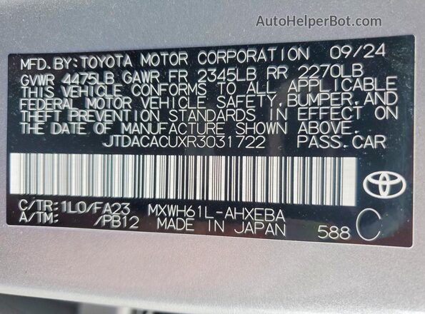 JTDACACUXR3031722 2024 TOYOTA PRIUS Silver VIN կոդի պիտակի տեսք
