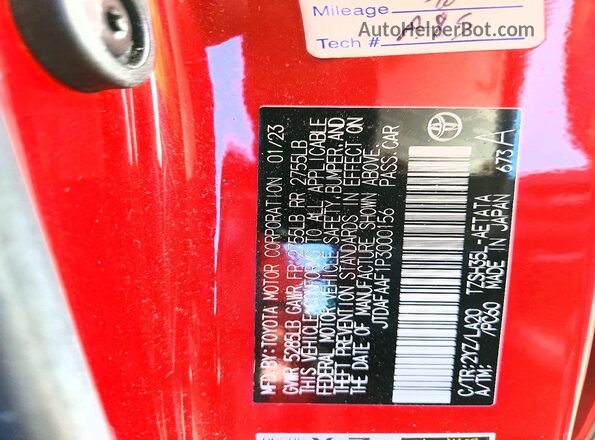 JTDAFAAF1P3000156 2023 TOYOTA CROWN Красный Вид наклейки с VIN-кодом