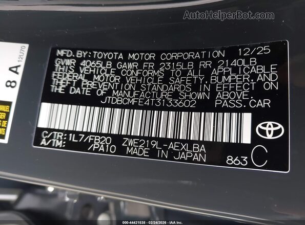 JTDBCMFE4T3133602 2026 TOYOTA LL Серый Вид подкапотного пространства