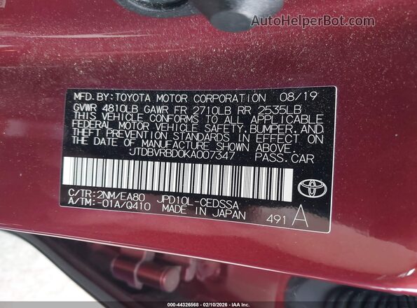 JTDBVRBD0KA007347 2019 TOYOTA MIRAI Red Вид підкапотного простору