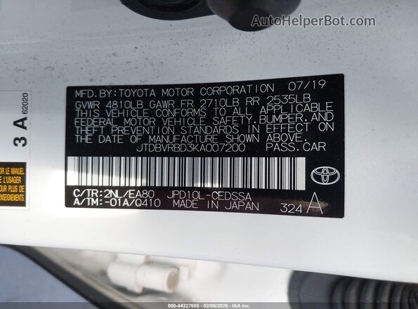 JTDBVRBD3KA007200 2019 TOYOTA MIRAI White Vista del compartimento del motor