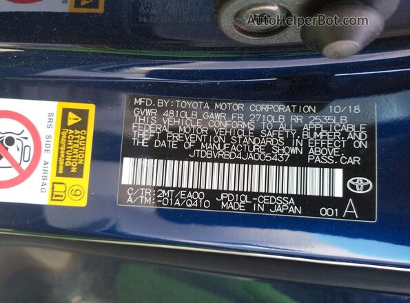 JTDBVRBD4JA005437 2018 TOYOTA MIRAI Blue Widok naklejki z numerem VIN