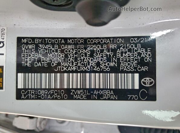 JTDKAMFUXM3146756 2021 TOYOTA PRIUS White Vista del compartimento del motor