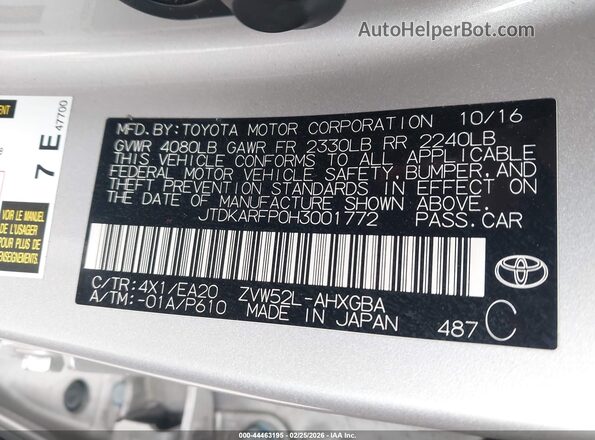JTDKARFP0H3001772 2017 TOYOTA PRIUS PRIME Silver Շարժիչի բաժամունքի տեսք