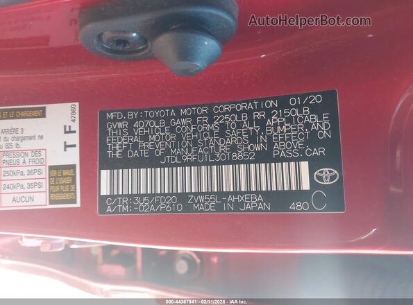 JTDL9RFU1L3018852 2020 TOYOTA LE Red Widok komory silnika