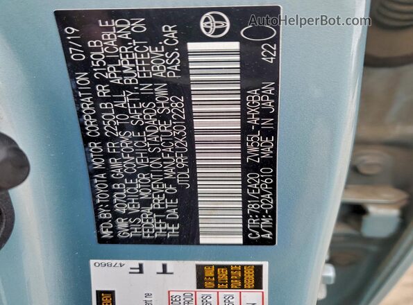 JTDL9RFU2K3012282 2019 TOYOTA PRIUS Бирюзовый Вид наклейки с VIN-кодом