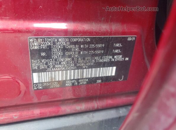 JTEAAAAH5MJ042865 2021 TOYOTA LE Красный Вид наклейки с VIN-кодом