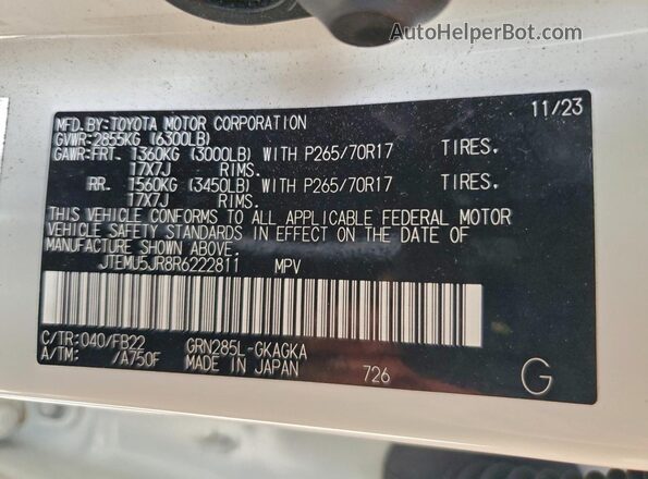 JTEMU5JR8R6222811 2024 TOYOTA 4RUNNER White Вид наклейки з VIN-кодом