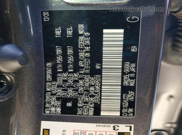 JTERU5JR6M5895018 2021 TOYOTA 4RUNNER Gray VIN კოდის სტიკერის ხედი