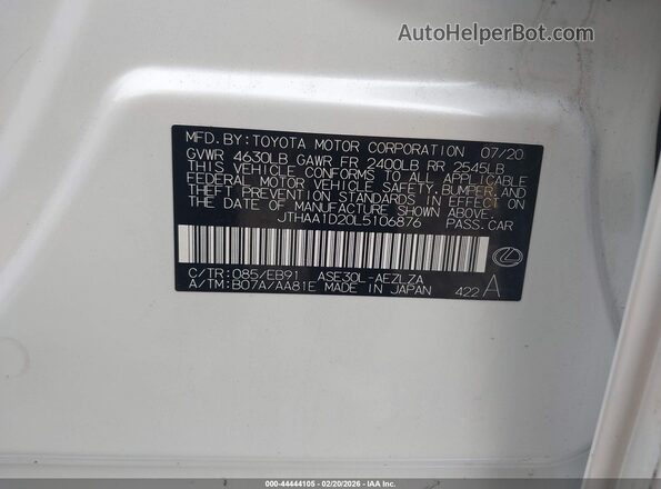 JTHAA1D20L5106876 2020 LEXUS IS 300 Белый Вид подкапотного пространства